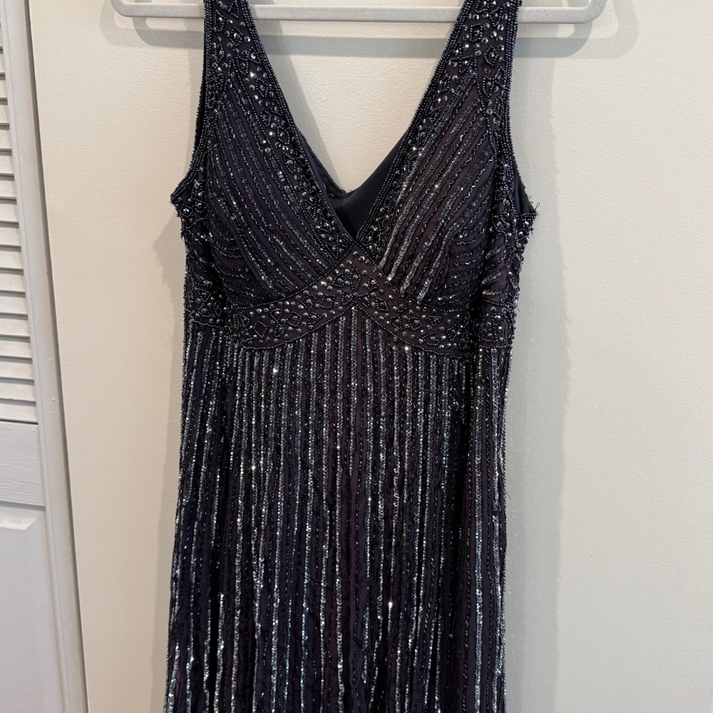 Patra navy beaded silk knee length cocktail dress